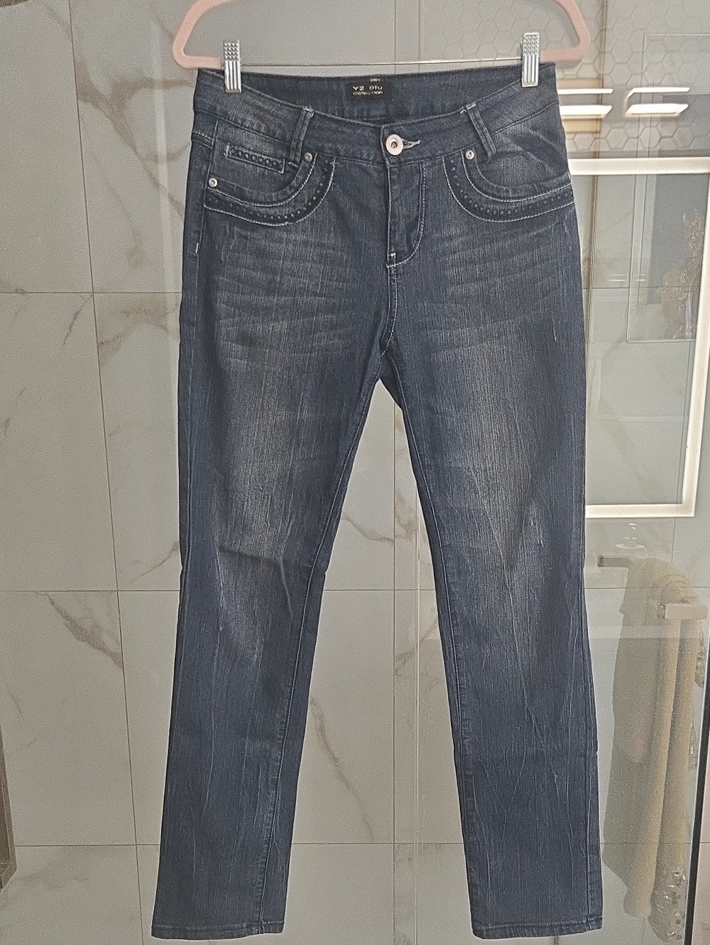 Vintage Y2 Blu Collection Y2K Rhinestone Pocket Straight Jeans Size 9 EUC